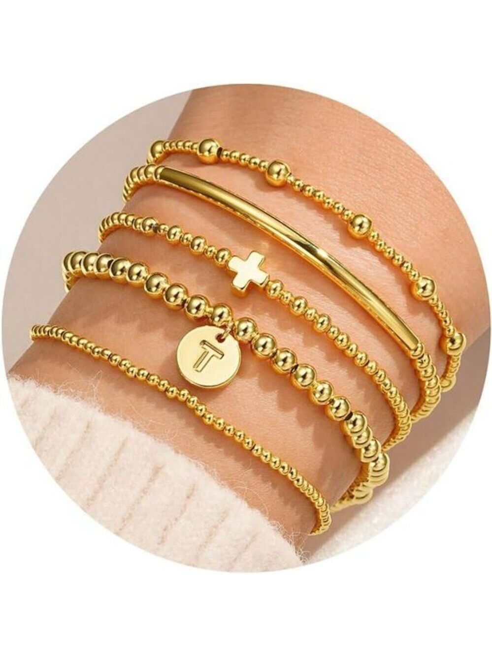 Gold bead bracelet set for women dainty layered cross charm stackable jewelry